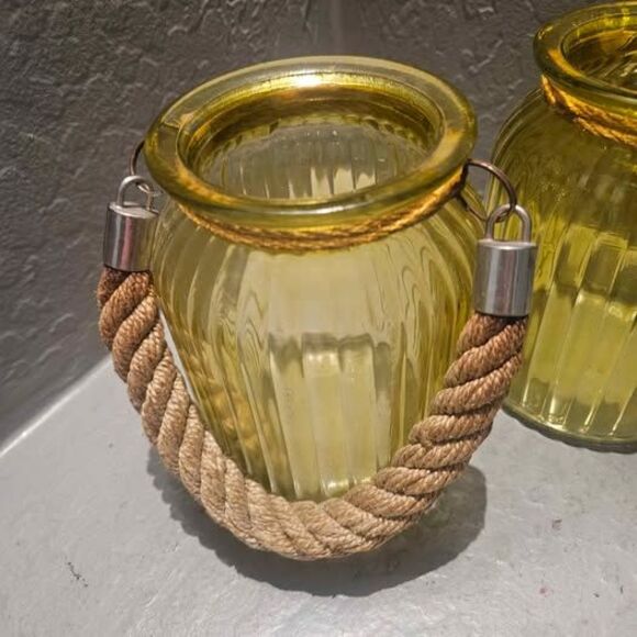 Set of 2 Nantucket Home Yellow Glass Candle Holders Lanterns with Rope Handles - Picture 2 of 5